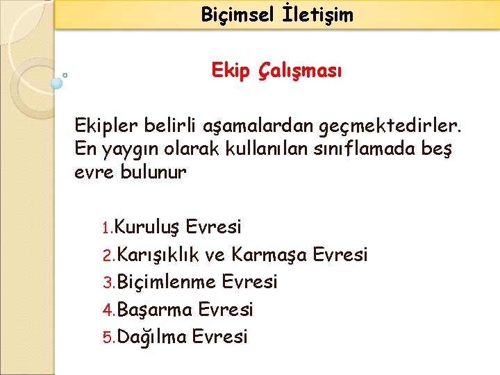 Biçimsel İletişim Ekip Çalışması Ekipler belirli aşamalardan geçmektedirler. En yaygın olarak kullanılan sınıflamada beş