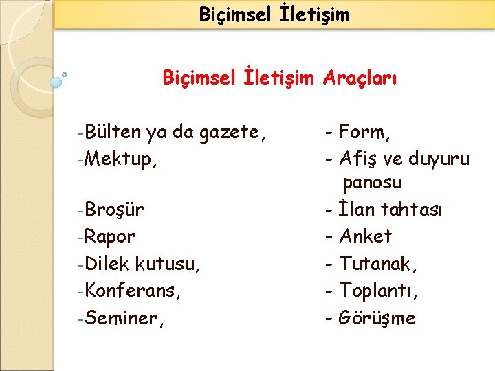 Biçimsel İletişim Araçları -Bülten ya da gazete, -Mektup, -Broşür -Rapor -Dilek kutusu, -Konferans, -Seminer,