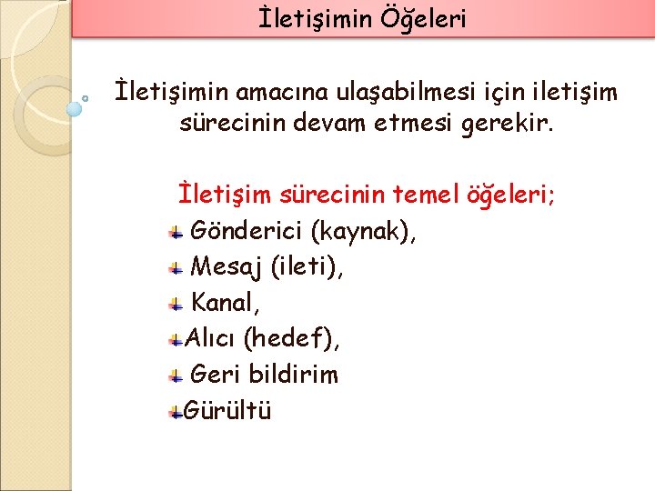 İletişimin Öğeleri İletişimin amacına ulaşabilmesi için iletişim sürecinin devam etmesi gerekir. İletişim sürecinin temel