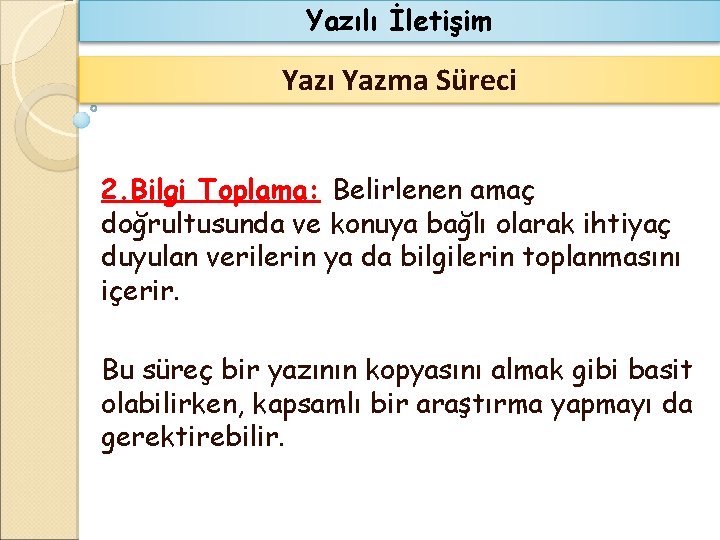 Yazılı İletişim Yazı Yazma Süreci 2. Bilgi Toplama: Belirlenen amaç doğrultusunda ve konuya bağlı