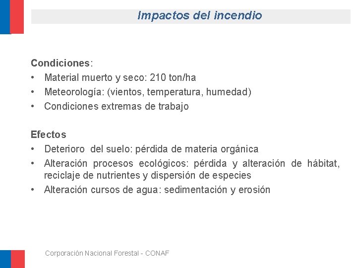 Impactos del incendio Condiciones: • Material muerto y seco: 210 ton/ha • Meteorología: (vientos,