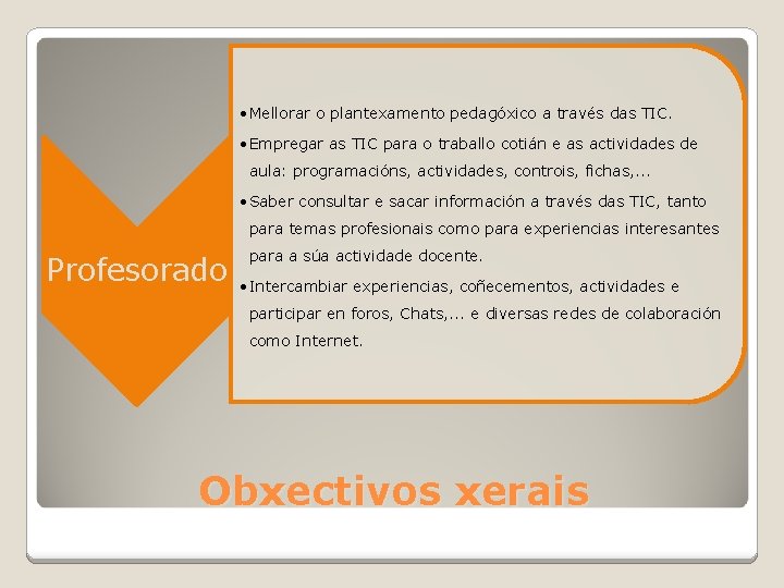  • Mellorar o plantexamento pedagóxico a través das TIC. • Empregar as TIC