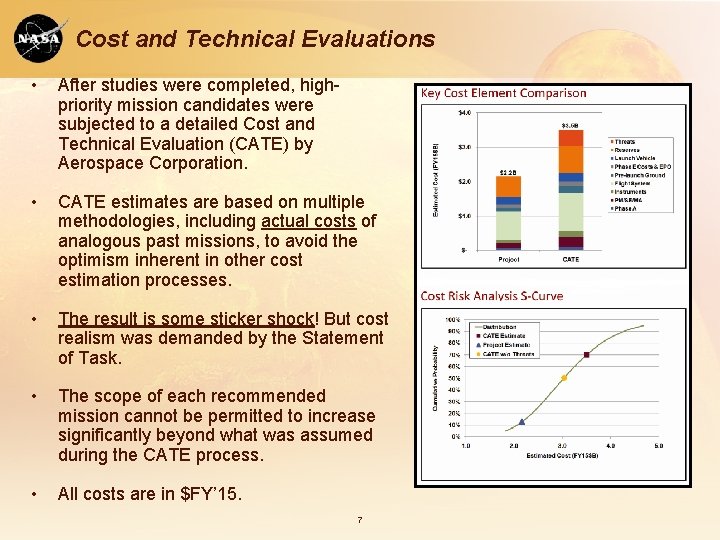 Cost and Technical Evaluations • After studies were completed, highpriority mission candidates were subjected