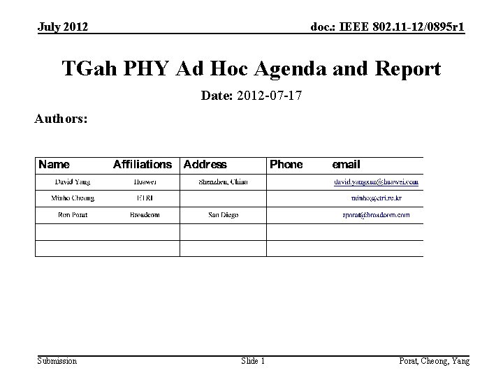 July 2012 doc. : IEEE 802. 11 -12/0895 r 1 TGah PHY Ad Hoc