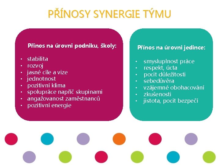 PŘÍNOSY SYNERGIE TÝMU • • Přínos na úrovni podniku, školy: Přínos na úrovni jedince: