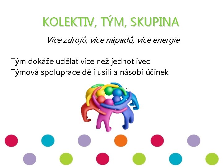 KOLEKTIV, TÝM, SKUPINA Více zdrojů, více nápadů, více energie Tým dokáže udělat více než