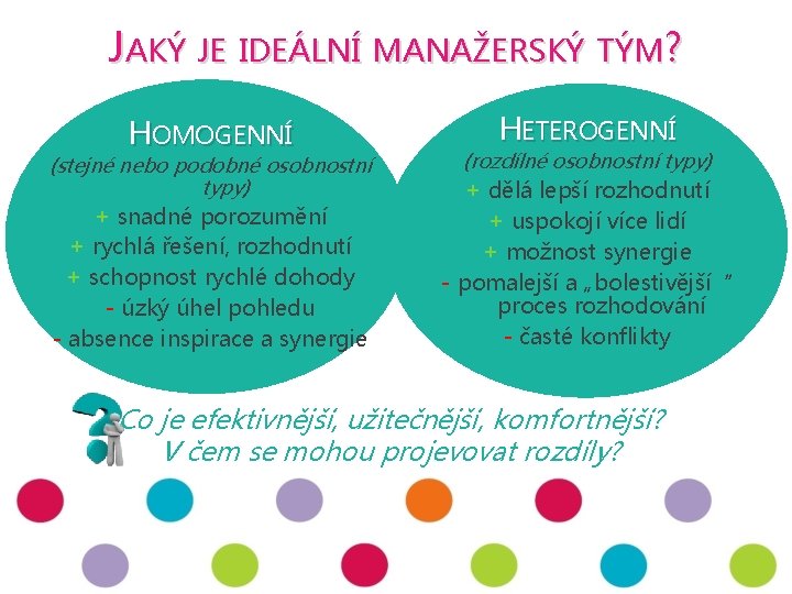 JAKÝ JE IDEÁLNÍ MANAŽERSKÝ TÝM? HOMOGENNÍ (stejné nebo podobné osobnostní typy) + snadné porozumění