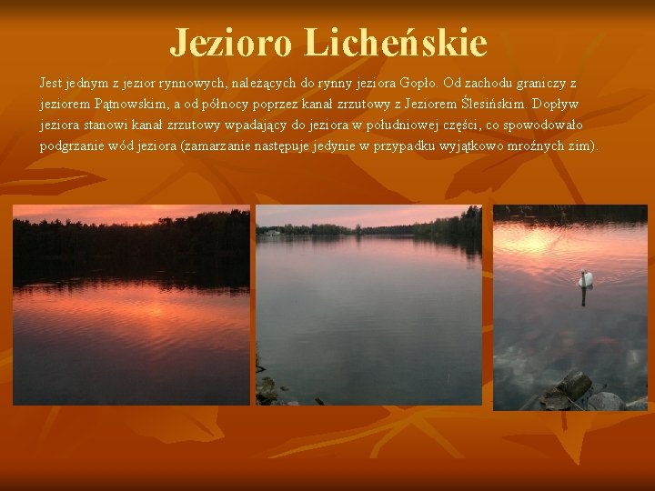 Jezioro Licheńskie Jest jednym z jezior rynnowych, należących do rynny jeziora Gopło. Od zachodu