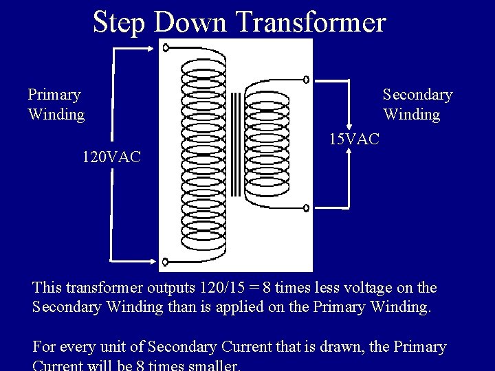 Step Down Transformer Primary Winding 120 VAC Secondary Winding 15 VAC This transformer outputs