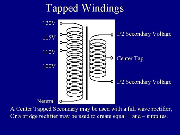 Tapped Windings 120 V 115 V 110 V 1/2 Secondary Voltage Center Tap 100