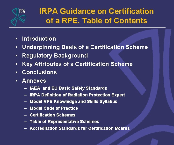 IRPA Guidance on Certification of a RPE. Table of Contents • • • Introduction