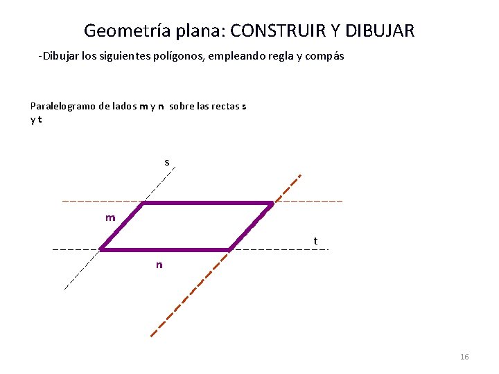 Geometría plana: CONSTRUIR Y DIBUJAR -Dibujar los siguientes polígonos, empleando regla y compás Paralelogramo