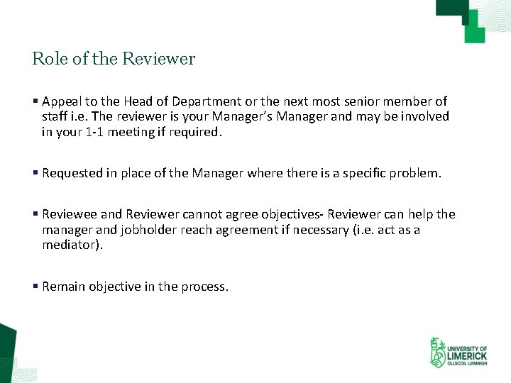 Role of the Reviewer § Appeal to the Head of Department or the next