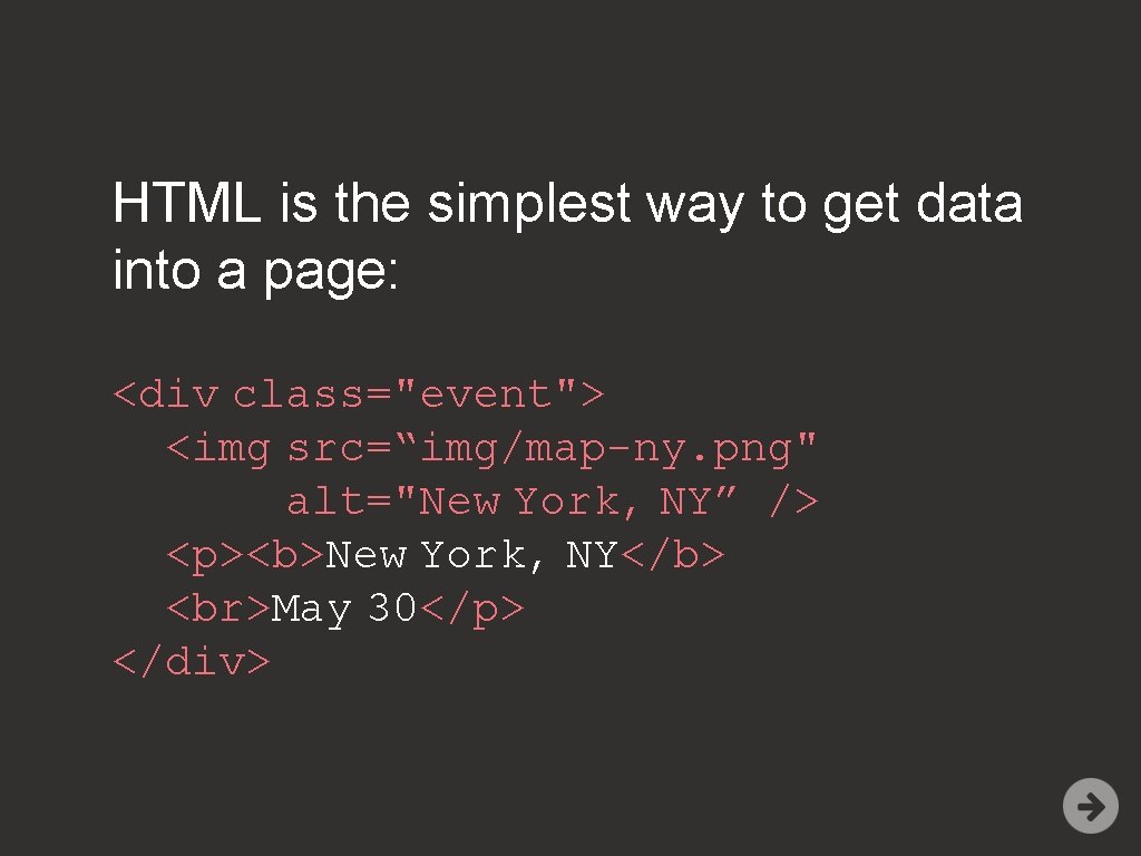 HTML is the simplest way to get data into a page: <div class="event"> <img