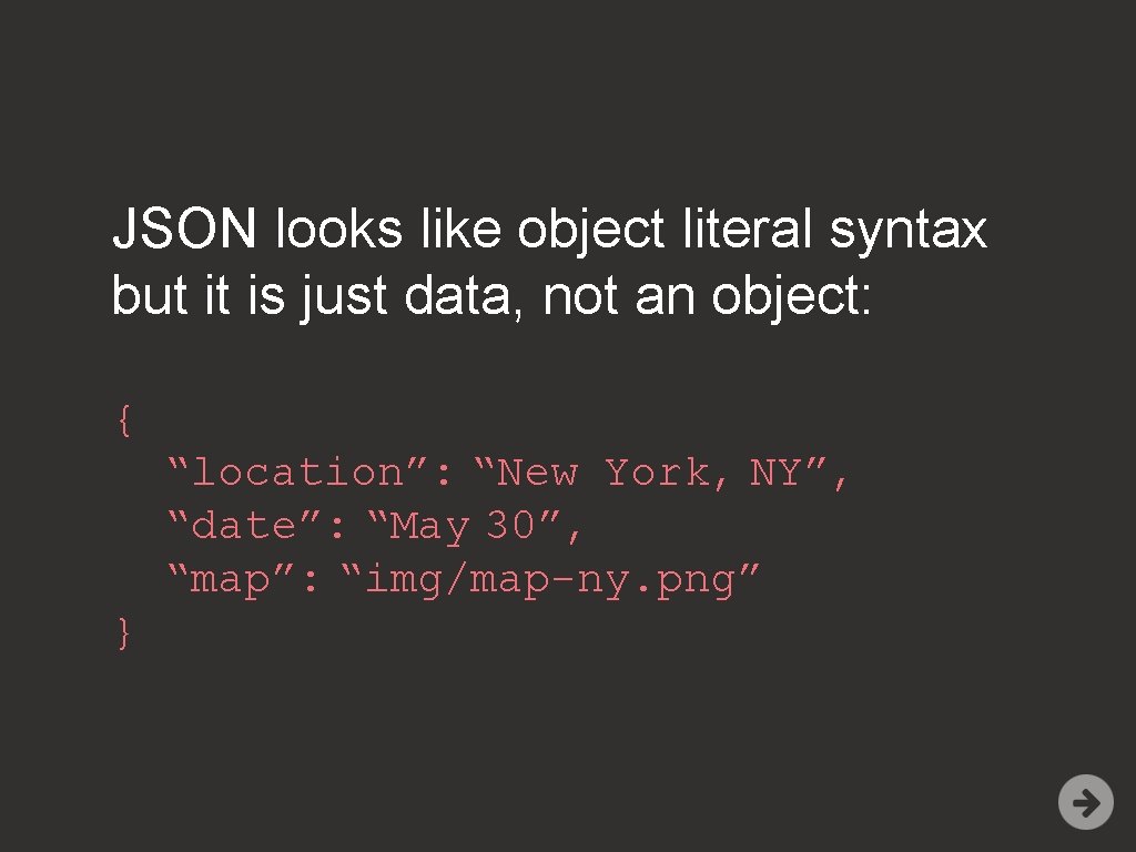JSON looks like object literal syntax but it is just data, not an object: