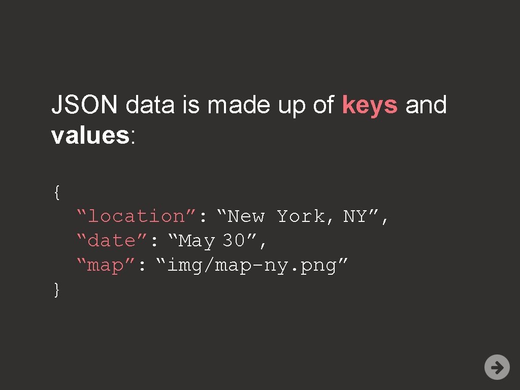 JSON data is made up of keys and values: { “location”: “New York, NY”,