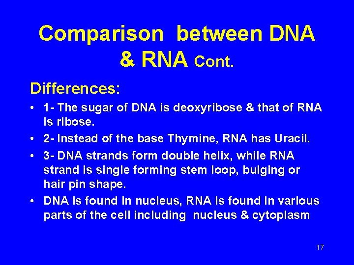 Comparison between DNA & RNA Cont. Differences: • 1 - The sugar of DNA