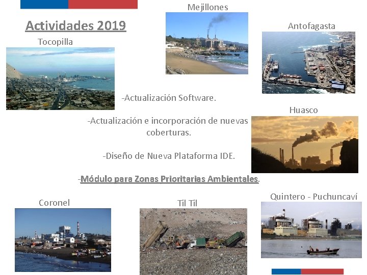 Mejillones Actividades 2019 Antofagasta Tocopilla -Actualización Software. -Actualización e incorporación de nuevas coberturas. Huasco