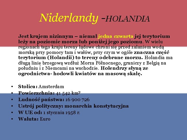 Niderlandy -HOLANDIA Jest krajem nizinnym – niemal jedna czwarta jej terytorium leży na poziomie