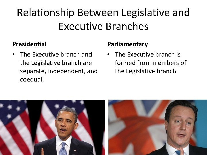 Relationship Between Legislative and Executive Branches Presidential Parliamentary • The Executive branch and the