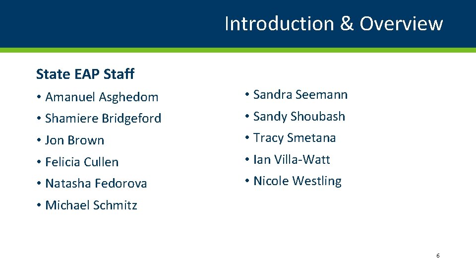 Introduction & Overview State EAP Staff • Amanuel Asghedom • Sandra Seemann • Shamiere