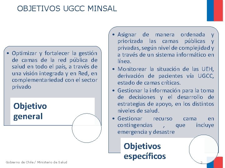 OBJETIVOS UGCC MINSAL • Optimizar y fortalecer la gestión de camas de la red OBJETIVOS UGCC MINSAL • Optimizar y fortalecer la gestión de camas de la red