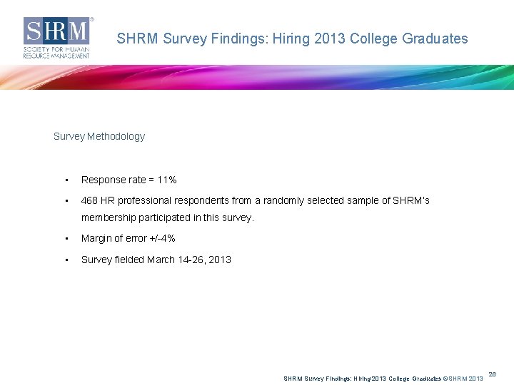 SHRM Survey Findings: Hiring 2013 College Graduates Survey Methodology • Response rate = 11%