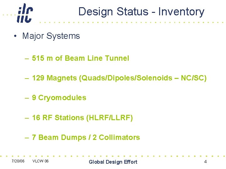 Design Status - Inventory • Major Systems – 515 m of Beam Line Tunnel