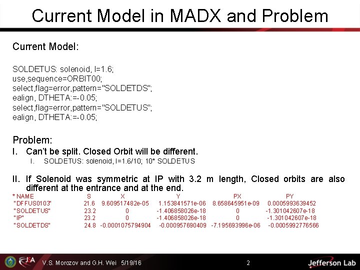 Current Model in MADX and Problem Current Model: SOLDETUS: solenoid, l=1. 6; use, sequence=ORBIT