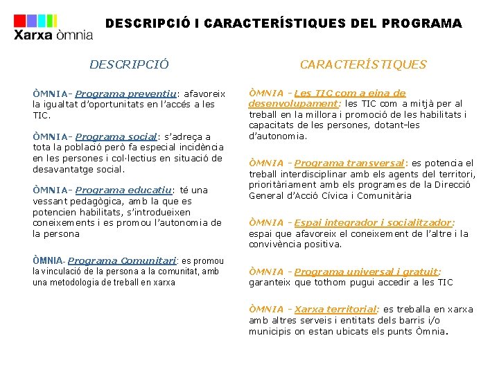 DESCRIPCIÓ I CARACTERÍSTIQUES DEL PROGRAMA DESCRIPCIÓ ÒMNIA- Programa preventiu: afavoreix la igualtat d’oportunitats en