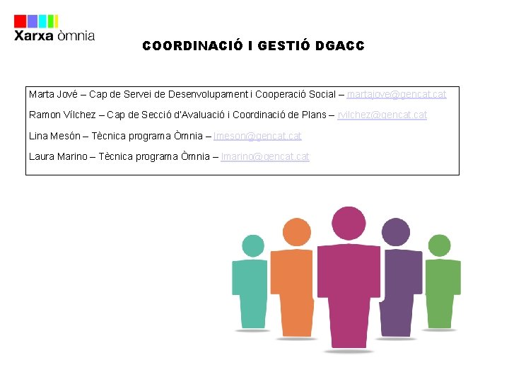 COORDINACIÓ I GESTIÓ DGACC Marta Jové – Cap de Servei de Desenvolupament i Cooperació