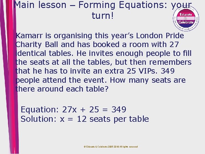 Main lesson – Forming Equations: your turn! Kamarr is organising this year’s London Pride