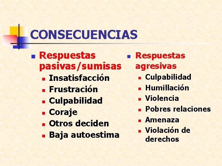 CONSECUENCIAS n Respuestas pasivas/sumisas n n n Insatisfacción Frustración Culpabilidad Coraje Otros deciden Baja