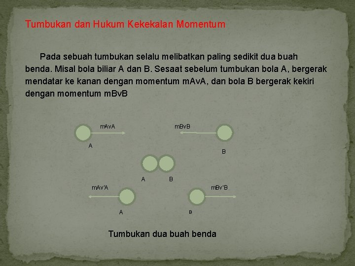 Tumbukan dan Hukum Kekekalan Momentum Pada sebuah tumbukan selalu melibatkan paling sedikit dua buah