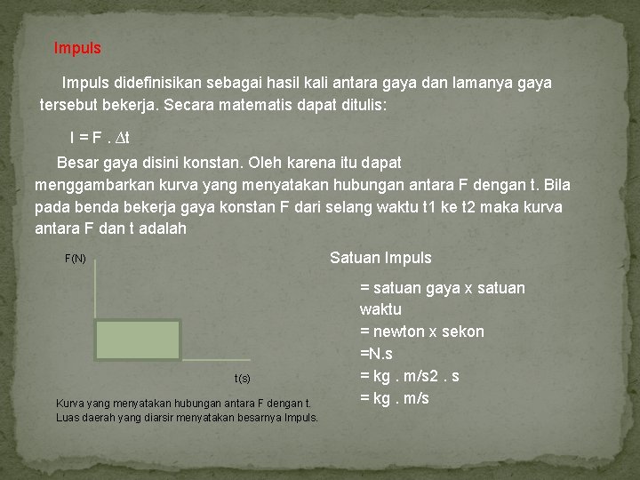 Impuls didefinisikan sebagai hasil kali antara gaya dan lamanya gaya tersebut bekerja. Secara matematis