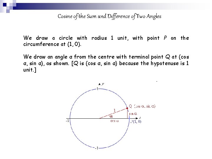 Cosine of the Sum and Difference of Two Angles We draw a circle with