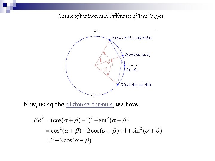 Cosine of the Sum and Difference of Two Angles Now, using the distance formula,