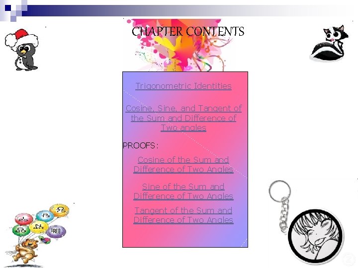 CHAPTER CONTENTS Trigonometric Identities Cosine, Sine, and Tangent of the Sum and Difference of