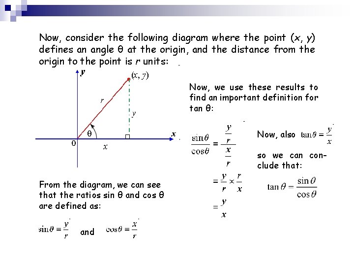 Now, consider the following diagram where the point (x, y) defines an angle θ