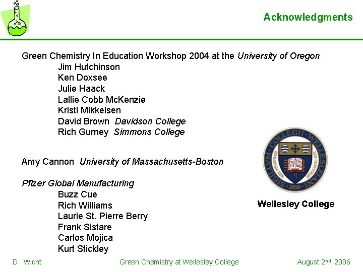Acknowledgments Green Chemistry In Education Workshop 2004 at the University of Oregon Jim Hutchinson