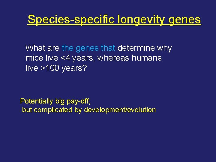 Species-specific longevity genes What are the genes that determine why mice live <4 years,