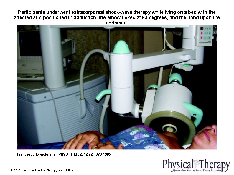 Participants underwent extracorporeal shock-wave therapy while lying on a bed with the affected arm