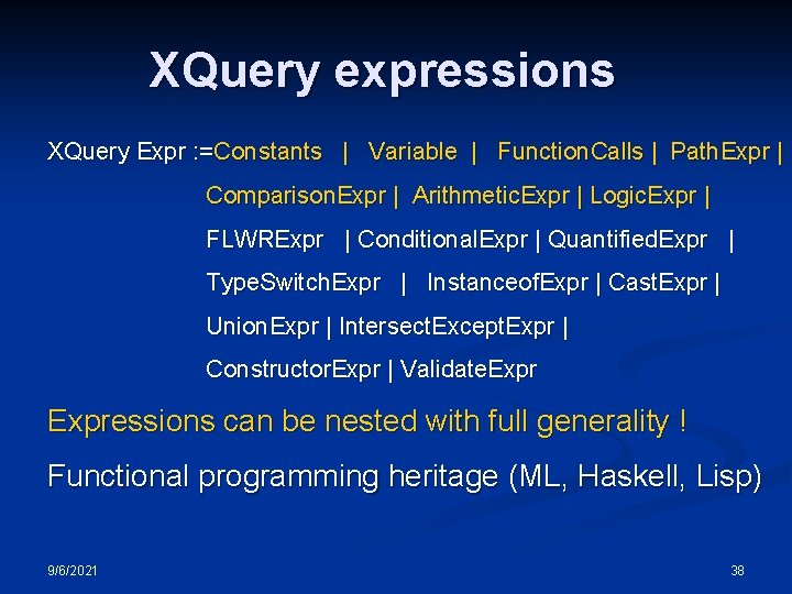 XQuery expressions XQuery Expr : =Constants | Variable | Function. Calls | Path. Expr