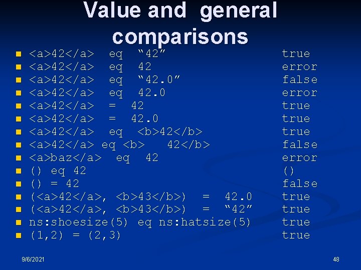 Value and general comparisons n n n n <a>42</a> eq “ 42” <a>42</a> eq