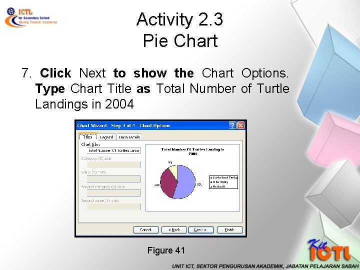Activity 2. 3 Pie Chart 7. Click Next to show the Chart Options. Type Activity 2. 3 Pie Chart 7. Click Next to show the Chart Options. Type