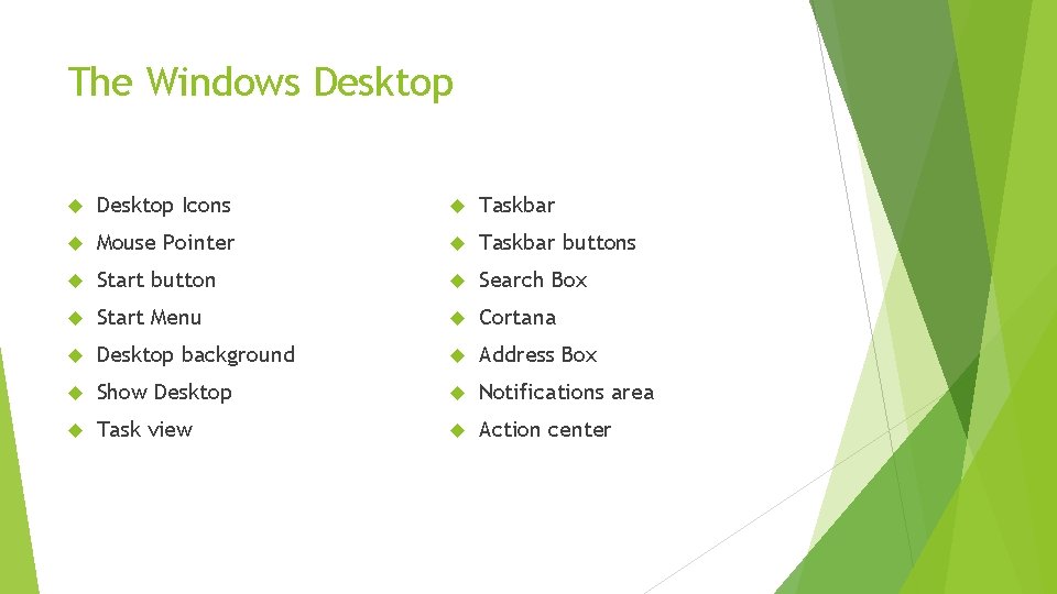 The Windows Desktop Icons Taskbar Mouse Pointer Taskbar buttons Start button Search Box Start
