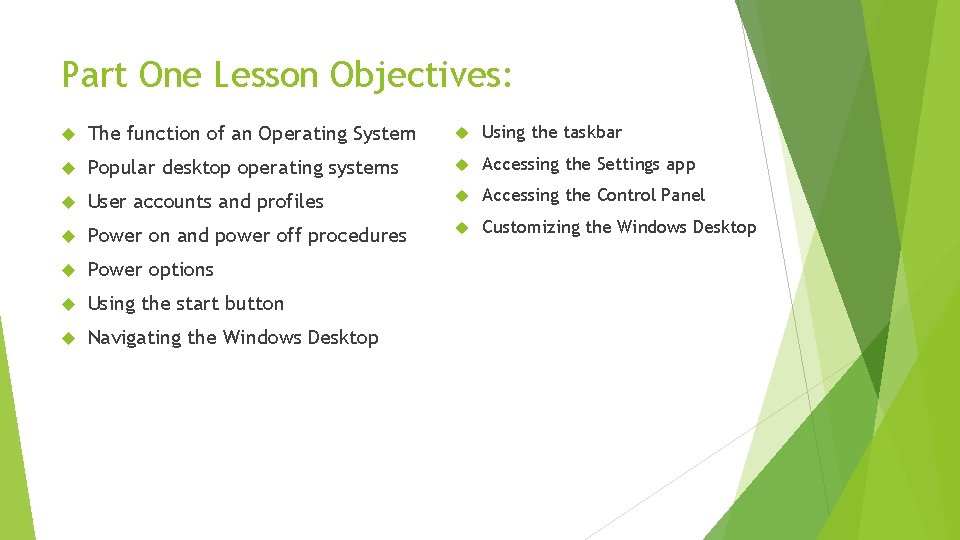 Part One Lesson Objectives: The function of an Operating System Using the taskbar Popular