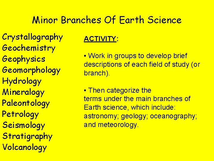 Minor Branches Of Earth Science Crystallography Geochemistry Geophysics Geomorphology Hydrology Mineralogy Paleontology Petrology Seismology