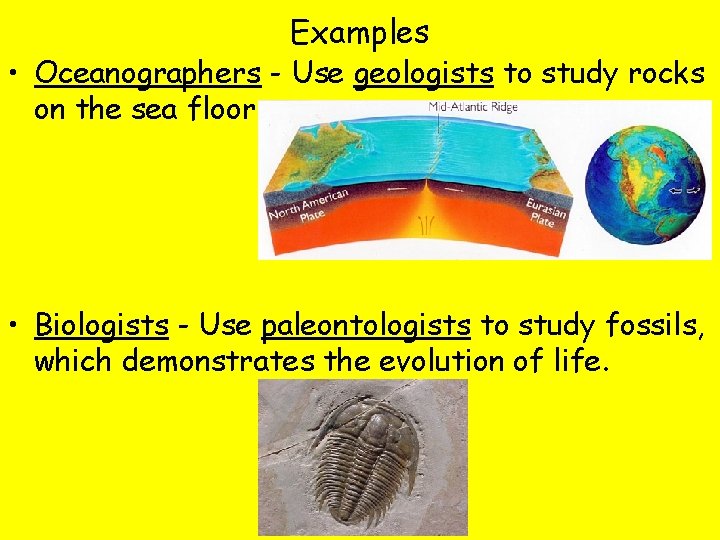 Examples • Oceanographers - Use geologists to study rocks on the sea floor. •