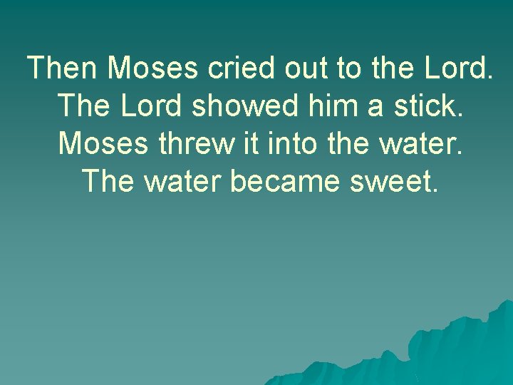 Then Moses cried out to the Lord. The Lord showed him a stick. Moses